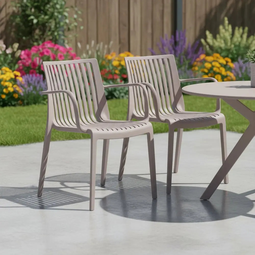 Set of Two Taupe Heavy Duty Plastic Outdoor Stacking Arm Chairs - NOBLE HOME INTERIORS