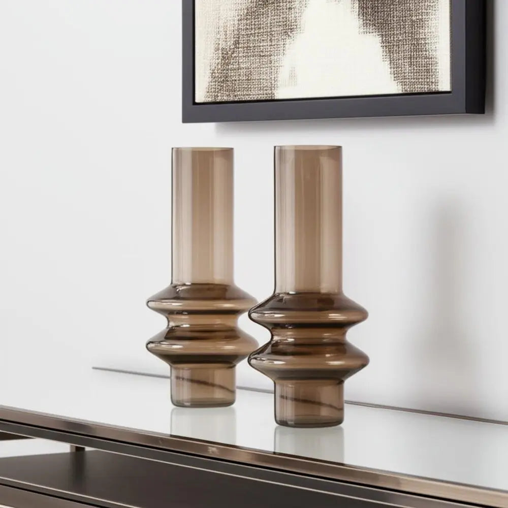 Set of Two Translucent Taupe Glass Cylinder Table Vases - NOBLE HOME INTERIORS