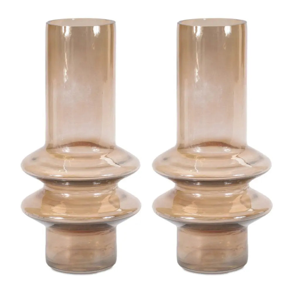 Set of Two Translucent Taupe Glass Cylinder Table Vases - NOBLE HOME INTERIORS