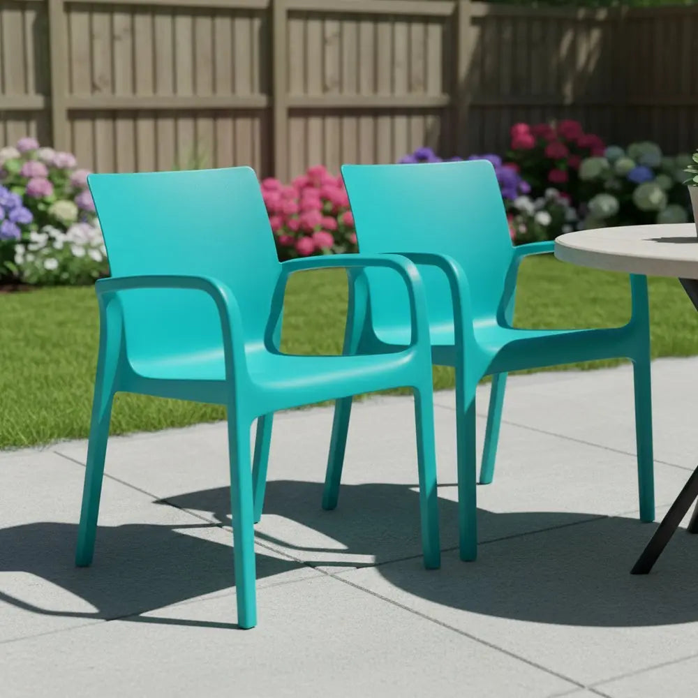Set of Two Turquoise Heavy Duty Plastic Outdoor Stacking Dining Chairs - NOBLE HOME INTERIORS