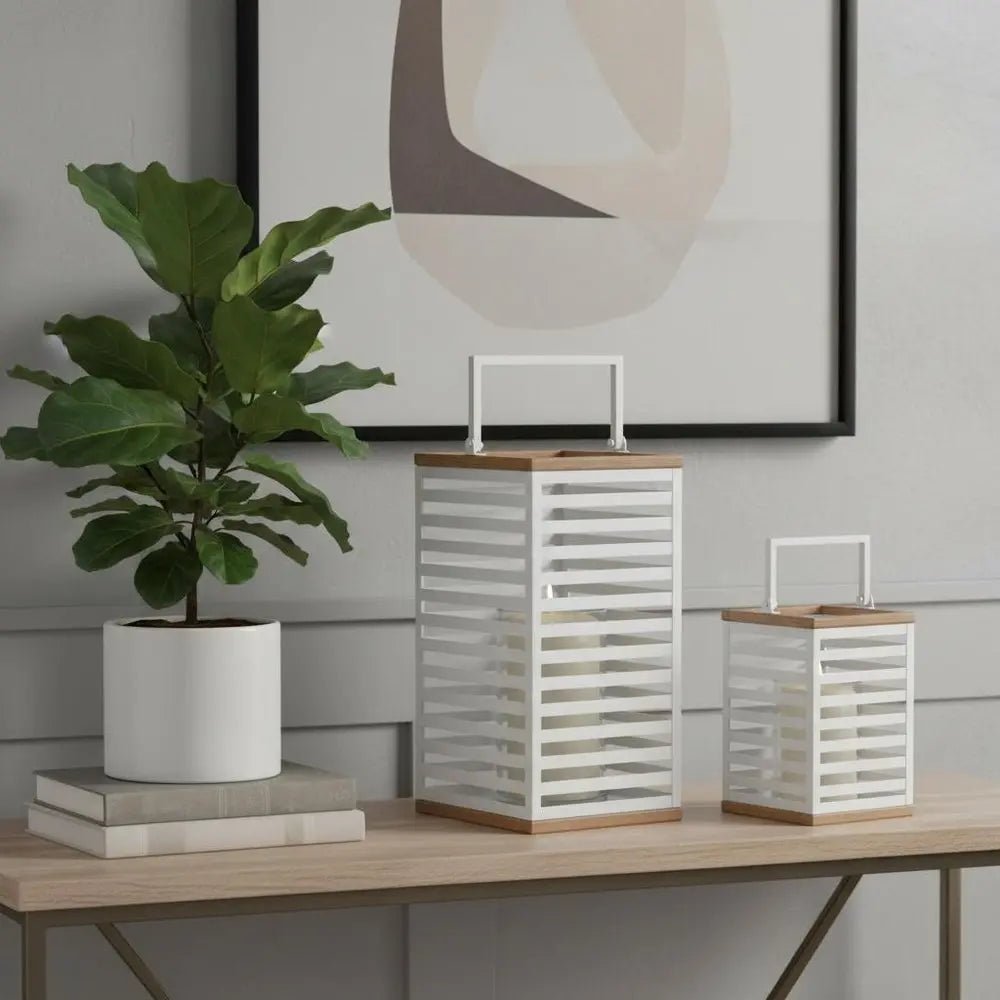 Set of Two White Abstract Metal Tabletop Pillar Candle Holders - NOBLE HOME INTERIORS