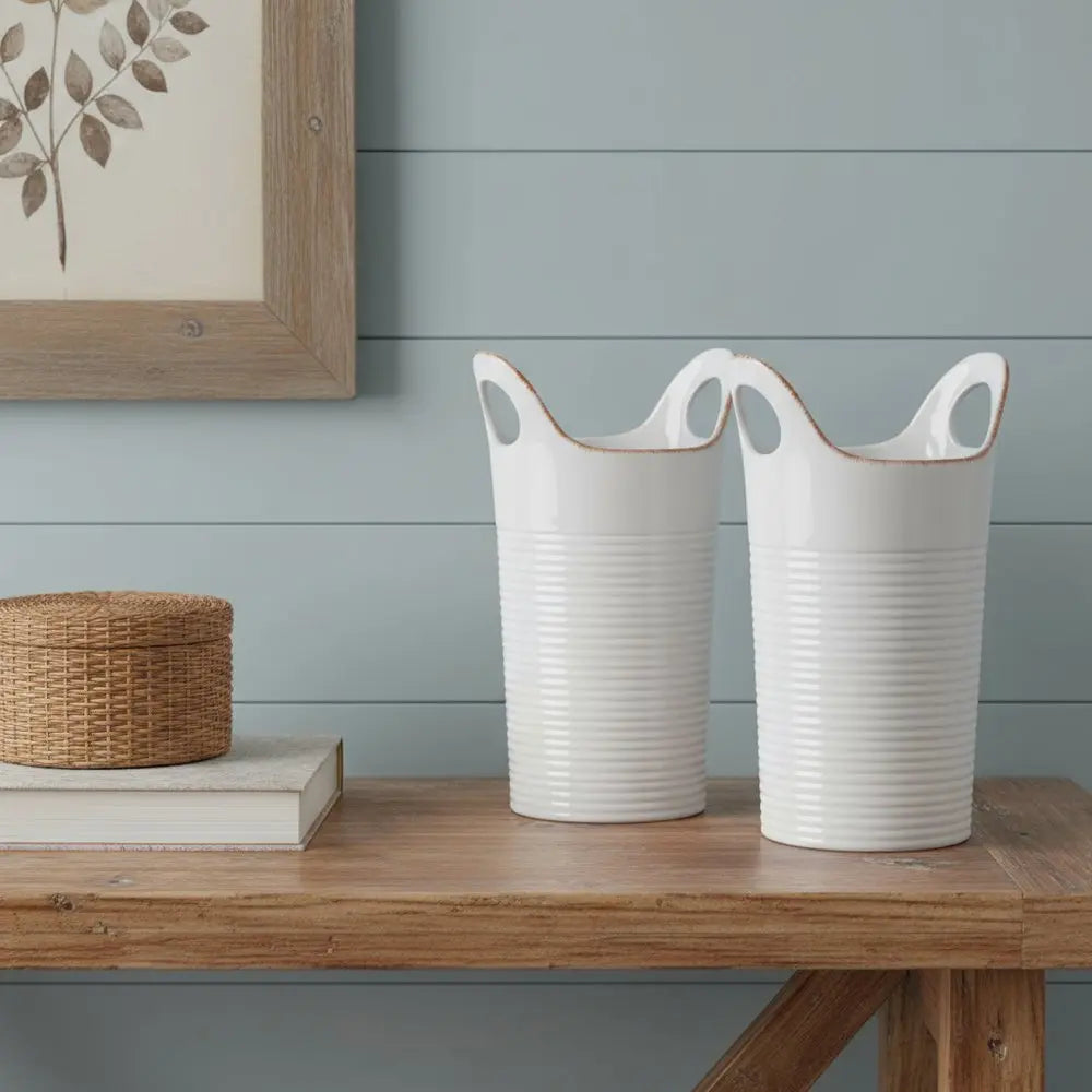 Set of Two White And Beige Round Ceramic Table Vase - NOBLE HOME INTERIORS