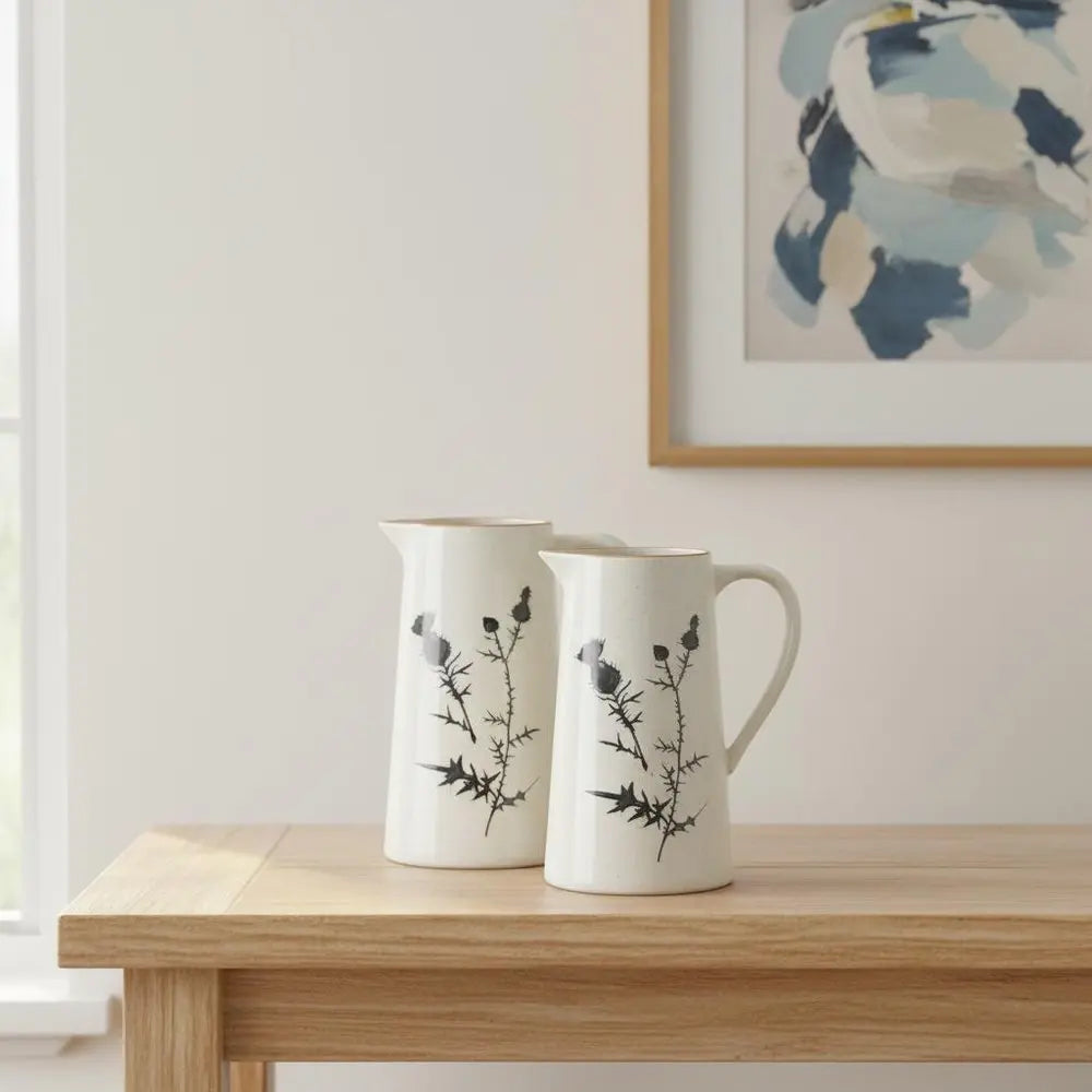 Set of Two White And Black Floral Round Ceramic Jar - NOBLE HOME INTERIORS