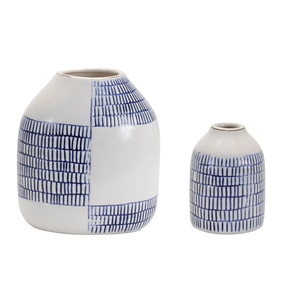 Set of Two White And Blue Checkered Round Ceramic Table Vase - NOBLE HOME INTERIORS