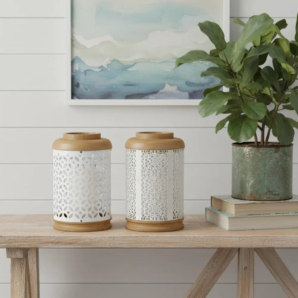 Set of Two White And Brown Geometric Metal Tabletop Lantern Candle Holders - NOBLE HOME INTERIORS