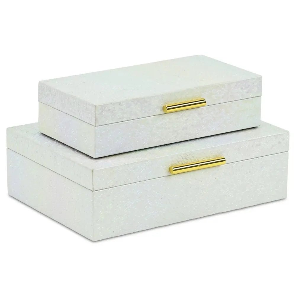 Set of Two White And Gold Faux Shagreen Nesting Storage Boxes With Lids - NOBLE HOME INTERIORS