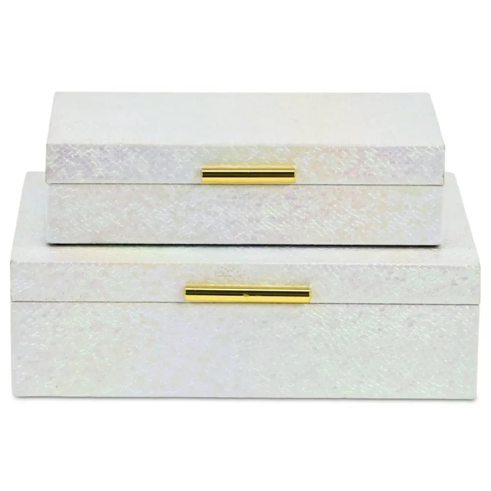 Set of Two White And Gold Faux Shagreen Nesting Storage Boxes With Lids - NOBLE HOME INTERIORS