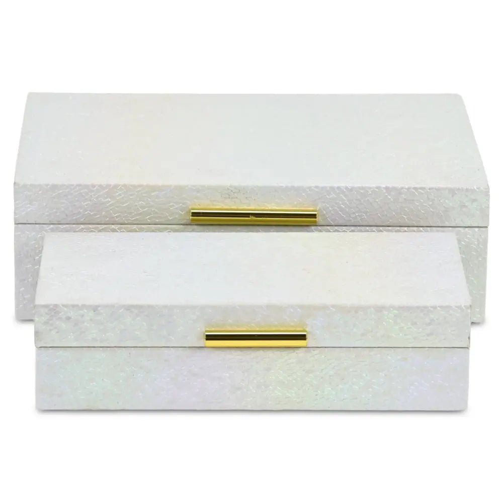 Set of Two White And Gold Faux Shagreen Nesting Storage Boxes With Lids - NOBLE HOME INTERIORS