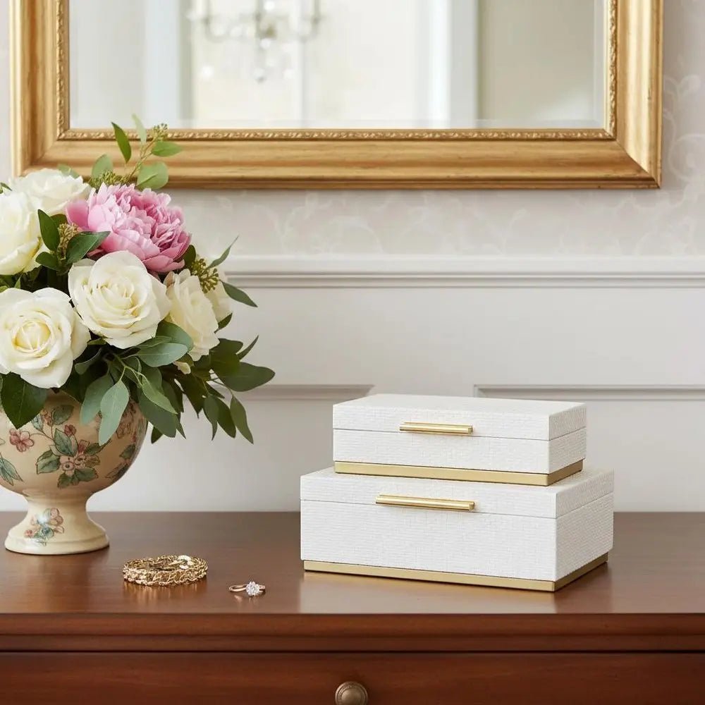 Set of Two White And Gold Nesting Decorative Storage Boxes With Lids - NOBLE HOME INTERIORS