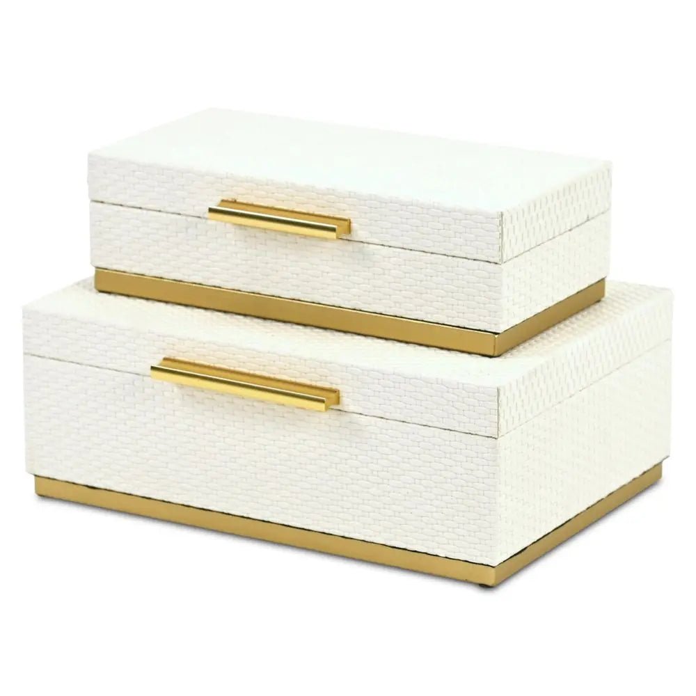 Set of Two White And Gold Nesting Decorative Storage Boxes With Lids - NOBLE HOME INTERIORS
