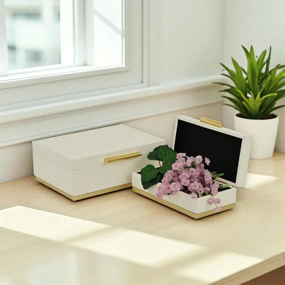 Set of Two White And Gold Nesting Decorative Storage Boxes With Lids - NOBLE HOME INTERIORS