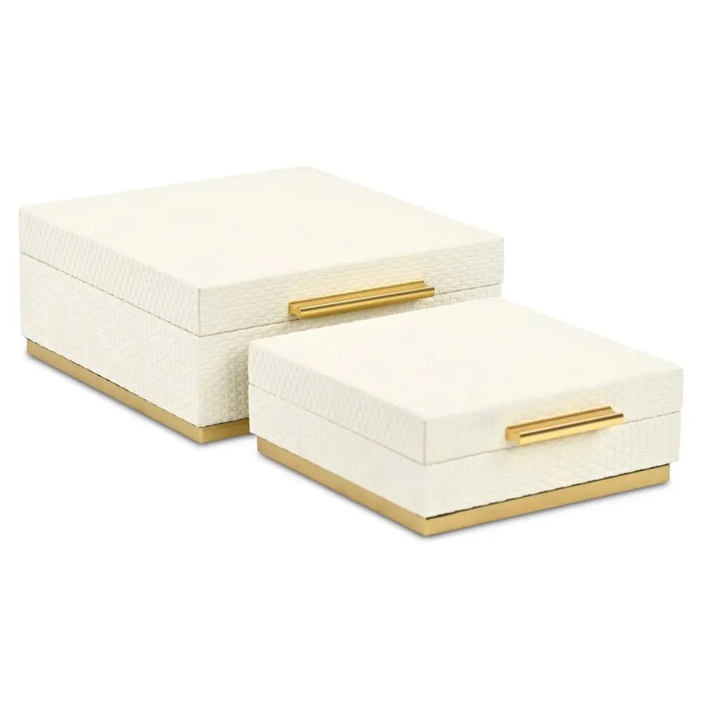 Set of Two White And Gold Square Nesting Decorative Storage Boxes With Lids - NOBLE HOME INTERIORS