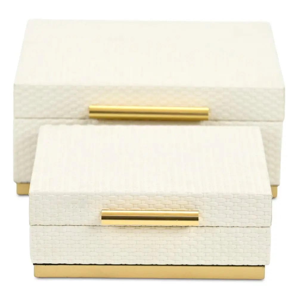 Set of Two White And Gold Square Nesting Decorative Storage Boxes With Lids - NOBLE HOME INTERIORS