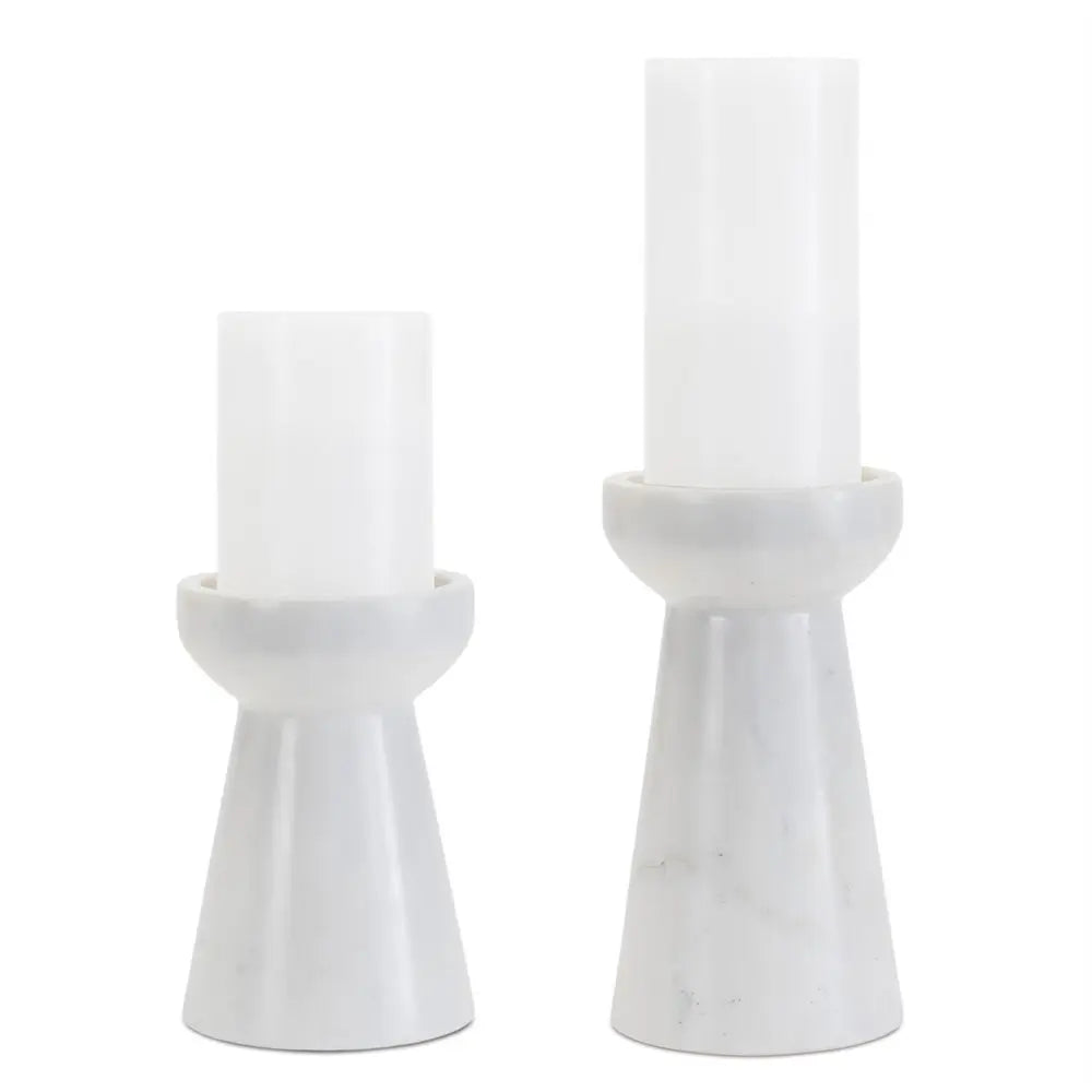 Set of Two White And Gray Marble Tabletop Pillar Candle Holders - NOVA HOME FURNITURE