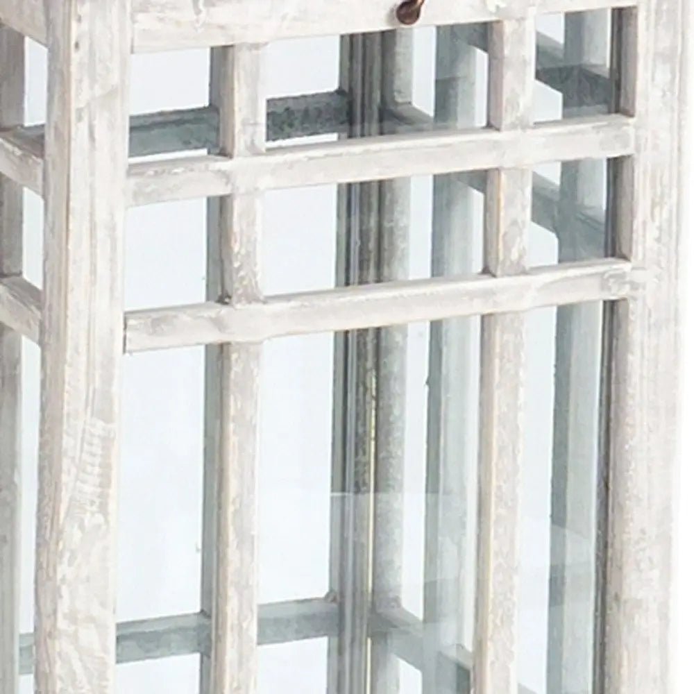 Set of Two White And Silver Distressed Geometric Metal Floor Lantern Candle Holders HomeRoots