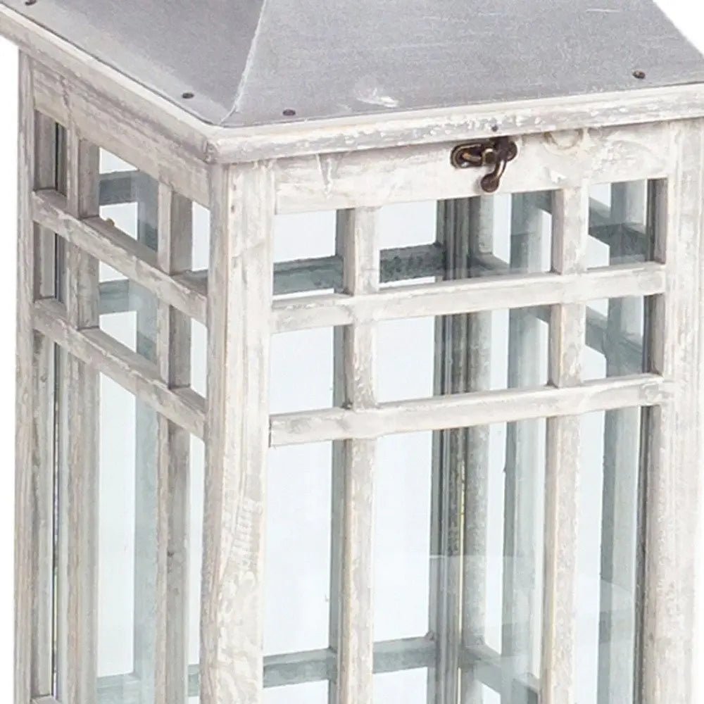 Set of Two White And Silver Distressed Geometric Metal Floor Lantern Candle Holders HomeRoots