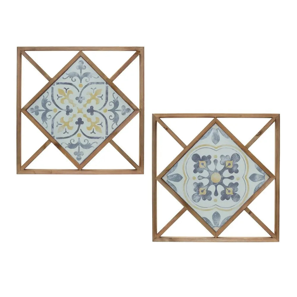 Set of Two White Blue And Brown Floral Wood and Metal Square Framed Art - NOBLE HOME INTERIORS
