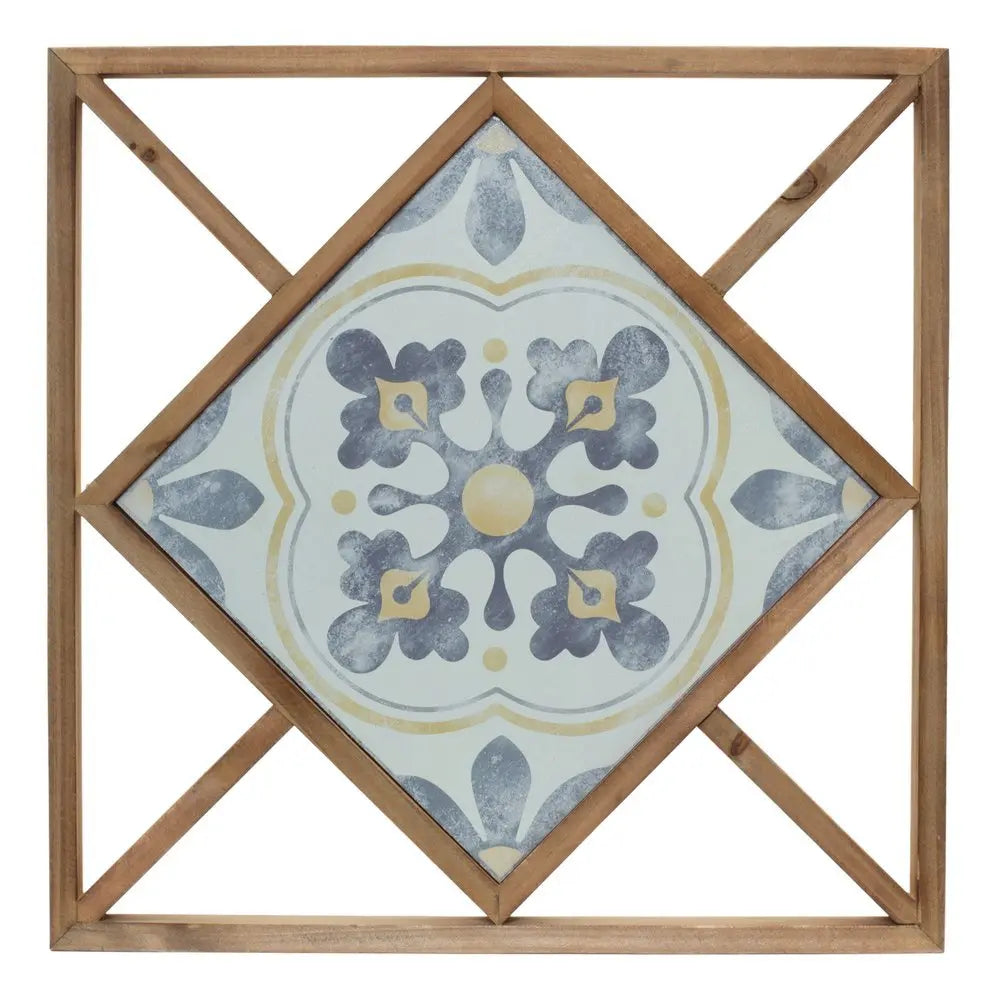 Set of Two White Blue And Brown Floral Wood and Metal Square Framed Art - NOBLE HOME INTERIORS