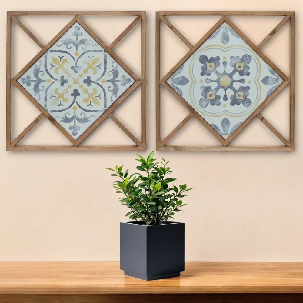 Set of Two White Blue And Brown Floral Wood and Metal Square Framed Art - NOBLE HOME INTERIORS