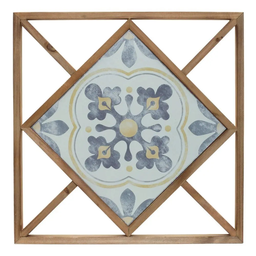 Set of Two White Blue And Brown Floral Wood and Metal Square Framed Art - NOBLE HOME INTERIORS