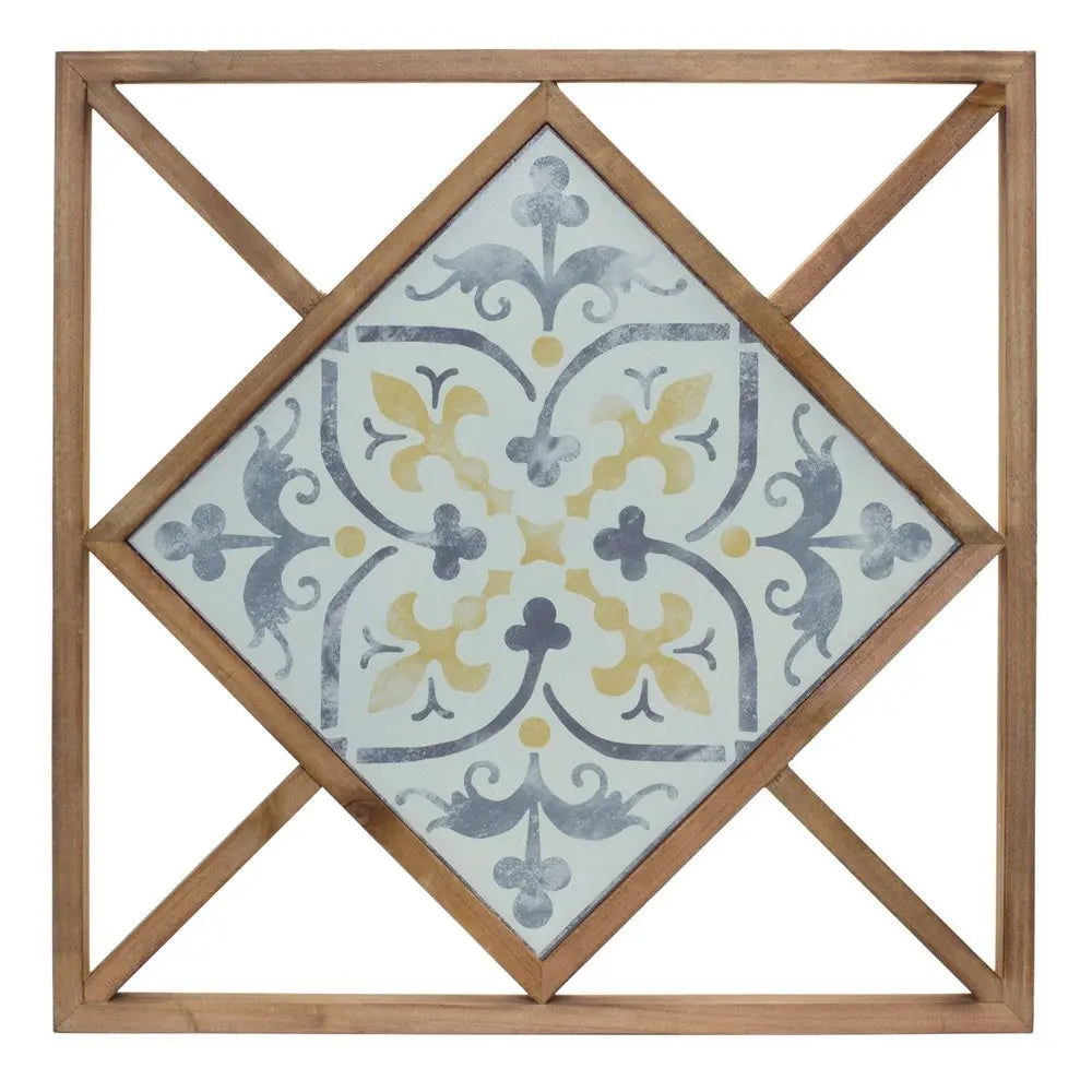 Set of Two White Blue And Brown Floral Wood and Metal Square Framed Art - NOBLE HOME INTERIORS