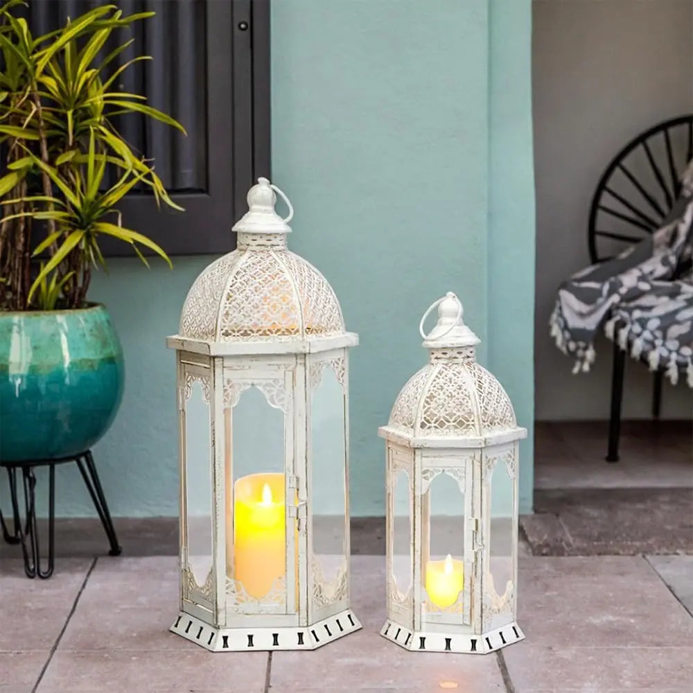 Set of Two White Distressed Ornate Metal Tabletop Lantern Candle Holders - NOVA HOME FURNITURE