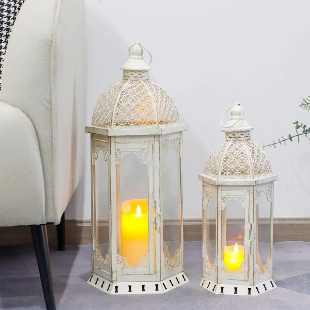 Set of Two White Distressed Ornate Metal Tabletop Lantern Candle Holders - NOVA HOME FURNITURE