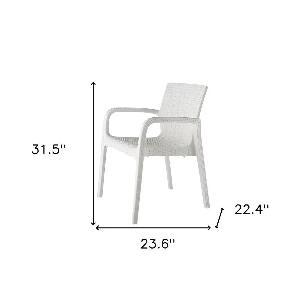 Set of Two White Faux Rattan Heavy Duty Plastic Outdoor Stacking Arm Chairs - NOBLE HOME INTERIORS