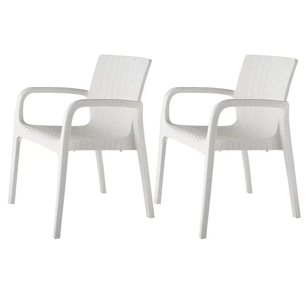 Set of Two White Faux Rattan Heavy Duty Plastic Outdoor Stacking Arm Chairs - NOBLE HOME INTERIORS