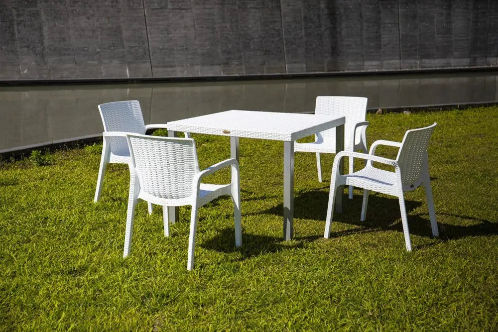Set of Two White Faux Rattan Heavy Duty Plastic Outdoor Stacking Arm Chairs - NOBLE HOME INTERIORS