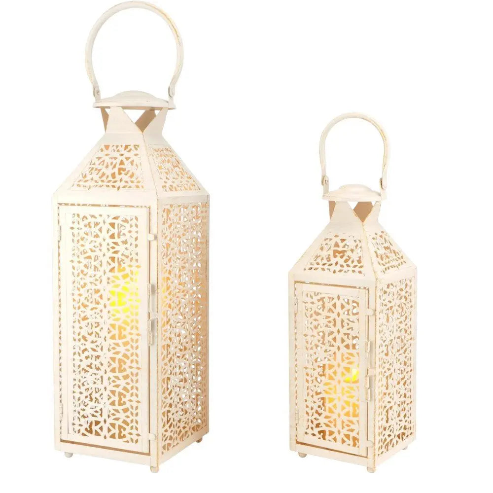 Set of Two White Filigree Metal Tabletop Lantern Candle Holders - NOVA HOME FURNITURE