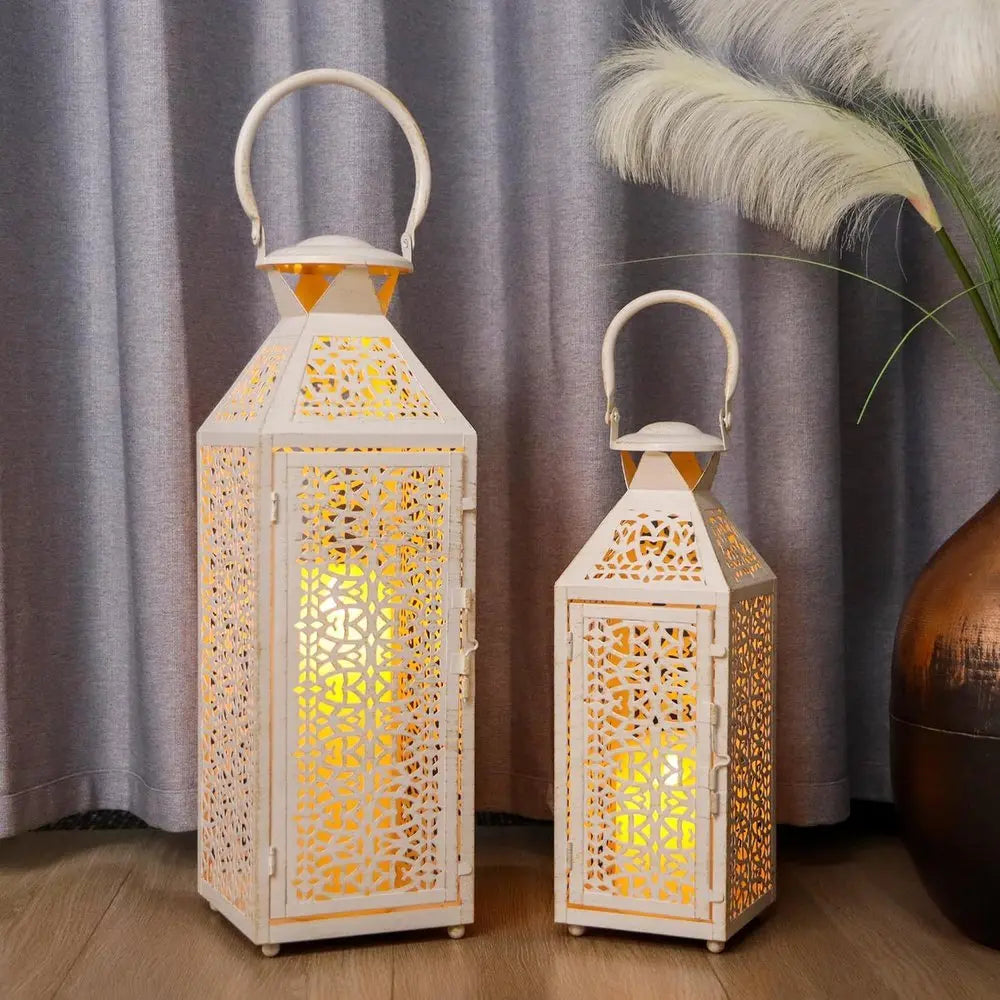 Set of Two White Filigree Metal Tabletop Lantern Candle Holders - NOVA HOME FURNITURE