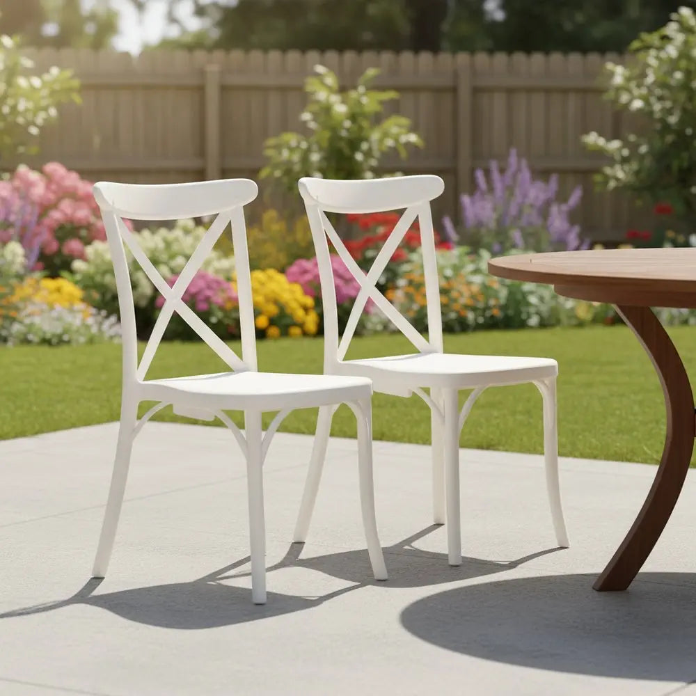 Set of Two White Heavy Duty Plastic Outdoor Stacking Dining Chairs - NOBLE HOME INTERIORS