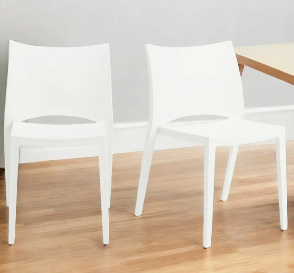 Set of Two White Heavy Duty Plastic Outdoor Stacking Dining Chairs - NOBLE HOME INTERIORS