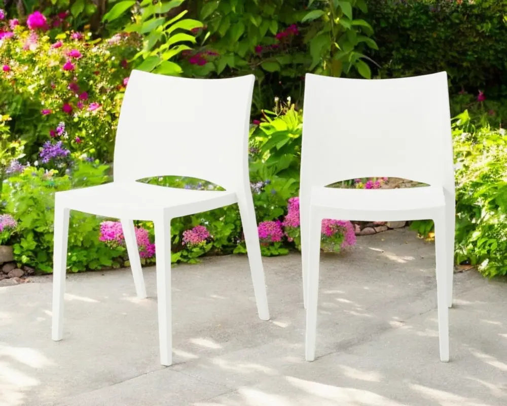 Set of Two White Heavy Duty Plastic Outdoor Stacking Dining Chairs - NOBLE HOME INTERIORS