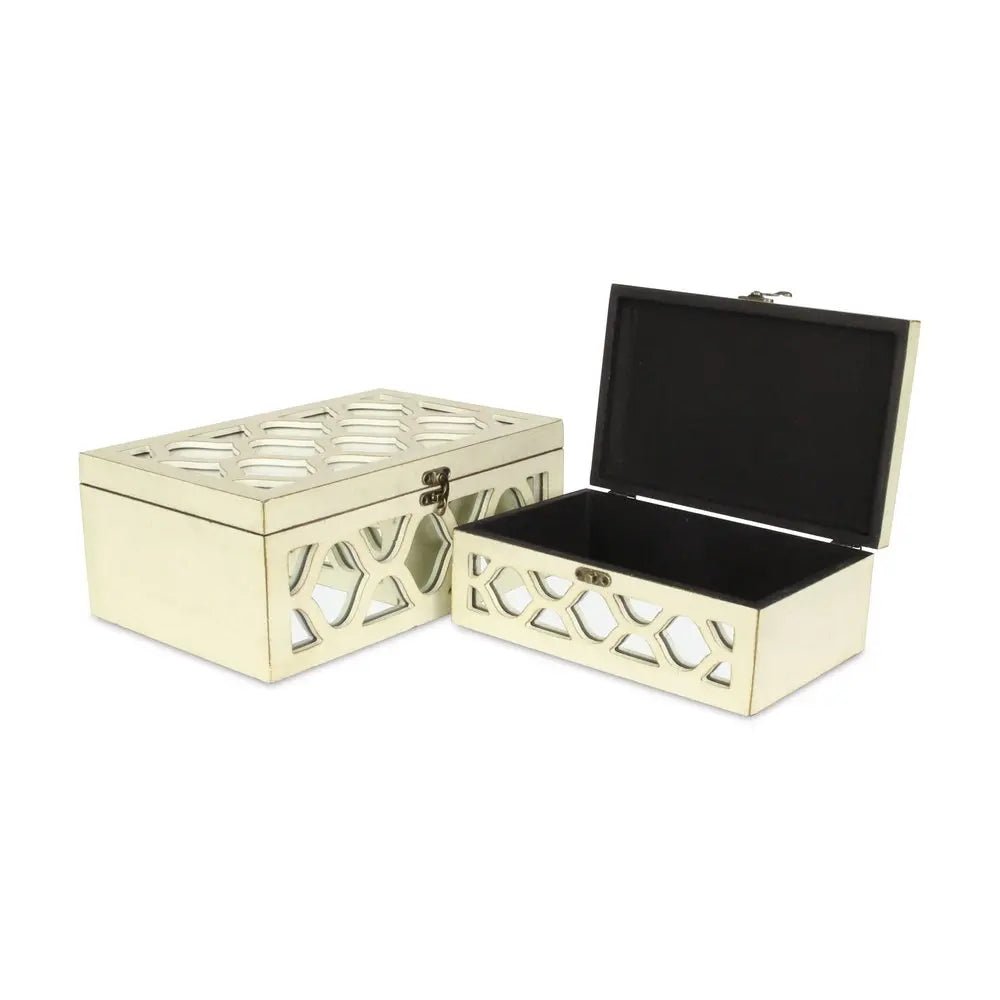 Set of Two White Mirrored Glass And Solid Wood Box With Lid - NOBLE HOME INTERIORS