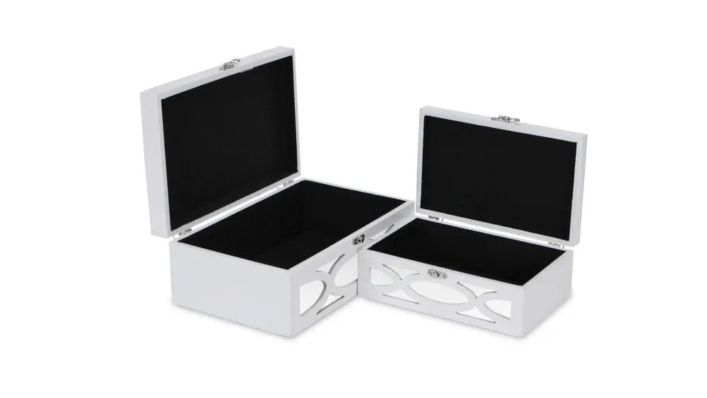 Set of Two White Mirrored Glass And Wood Box With Lid HomeRoots