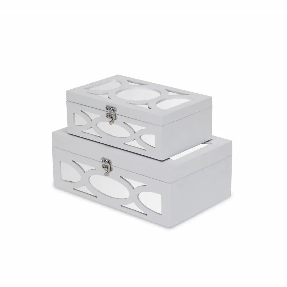 Set of Two White Mirrored Glass And Wood Box With Lid HomeRoots