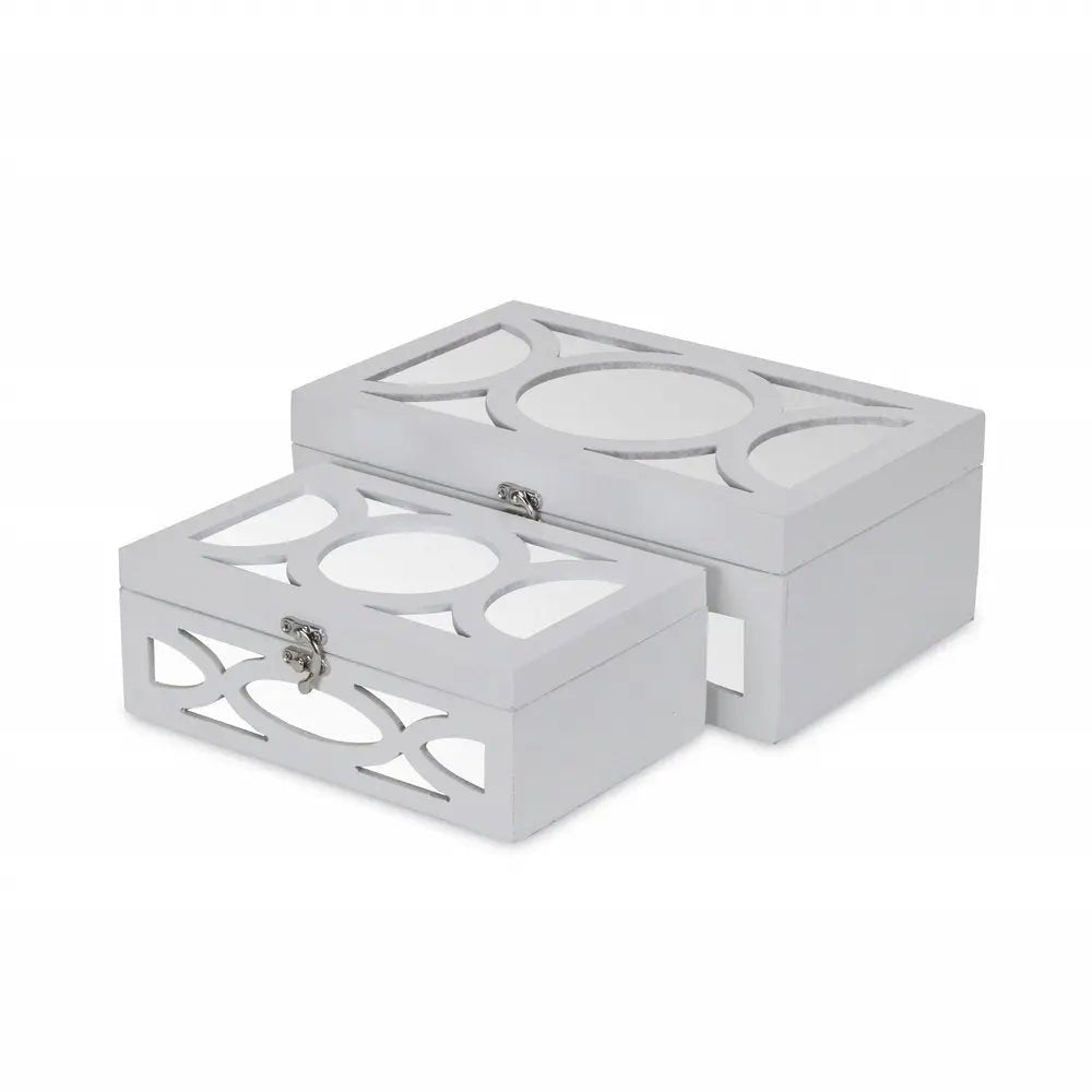 Set of Two White Mirrored Glass And Wood Box With Lid HomeRoots