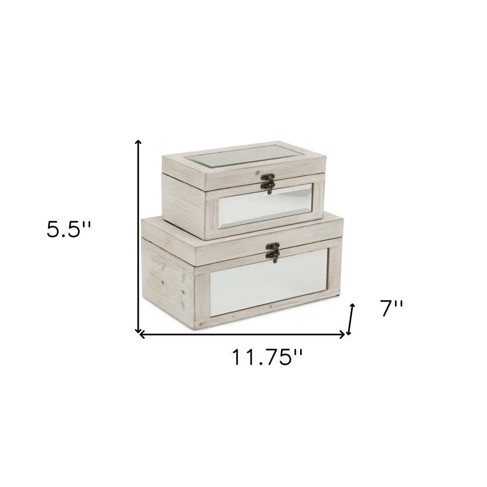 Set of Two White Wood And Mirrored Glass Box With Lid HomeRoots