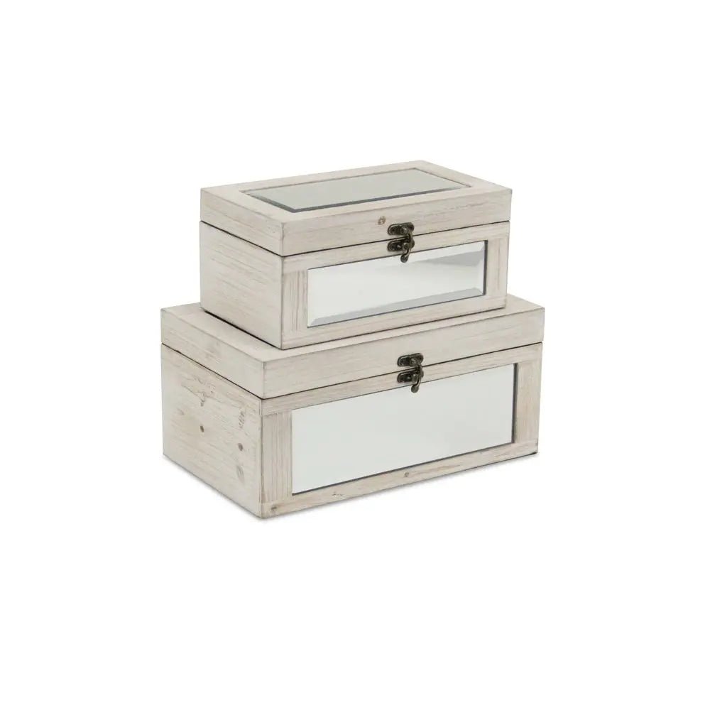 Set of Two White Wood And Mirrored Glass Box With Lid - NOBLE HOME INTERIORS
