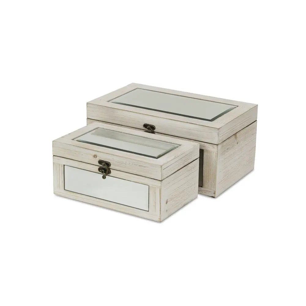 Set of Two White Wood And Mirrored Glass Box With Lid HomeRoots