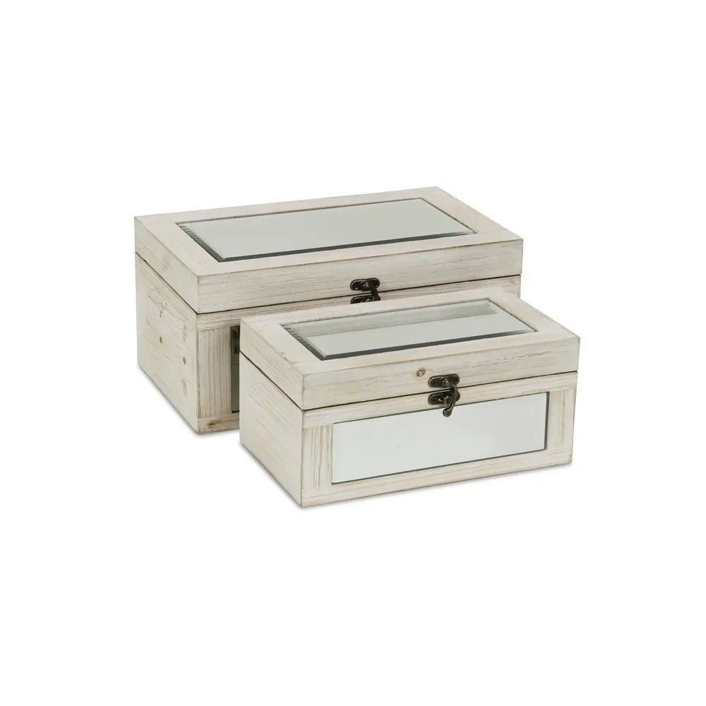 Set of Two White Wood And Mirrored Glass Box With Lid HomeRoots
