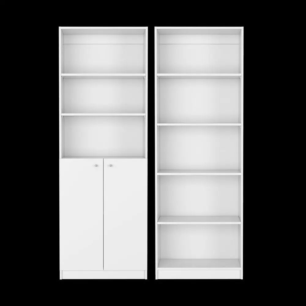 Set of Two White Wood Five Tier Modular Bookcase with Two Doors - NOBLE HOME INTERIORS