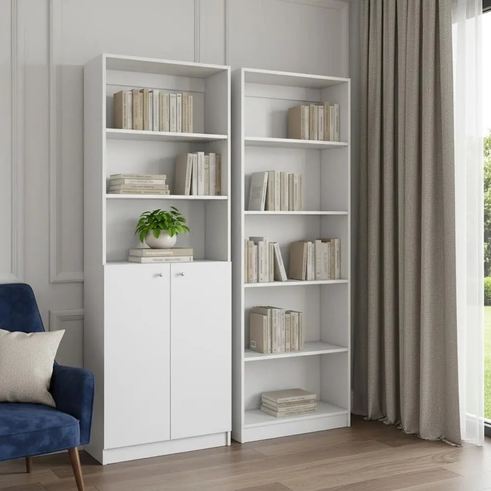 Set of Two White Wood Five Tier Modular Bookcase with Two Doors - NOBLE HOME INTERIORS