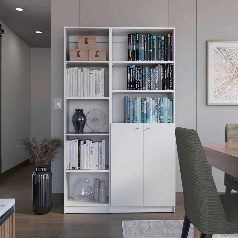 Set of Two White Wood Five Tier Modular Bookcase with Two Doors - NOBLE HOME INTERIORS