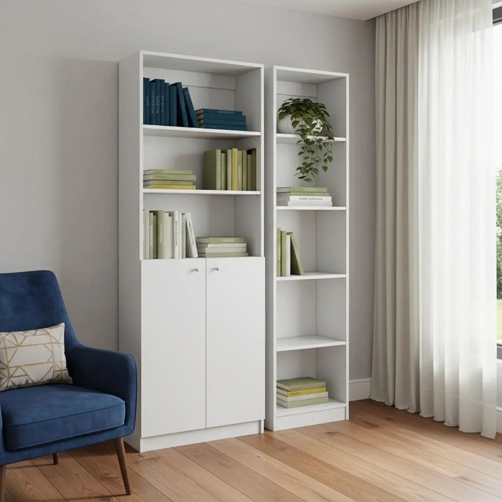 Set of Two White Wood Five Tier Modular Bookcase with Two Doors - NOBLE HOME INTERIORS