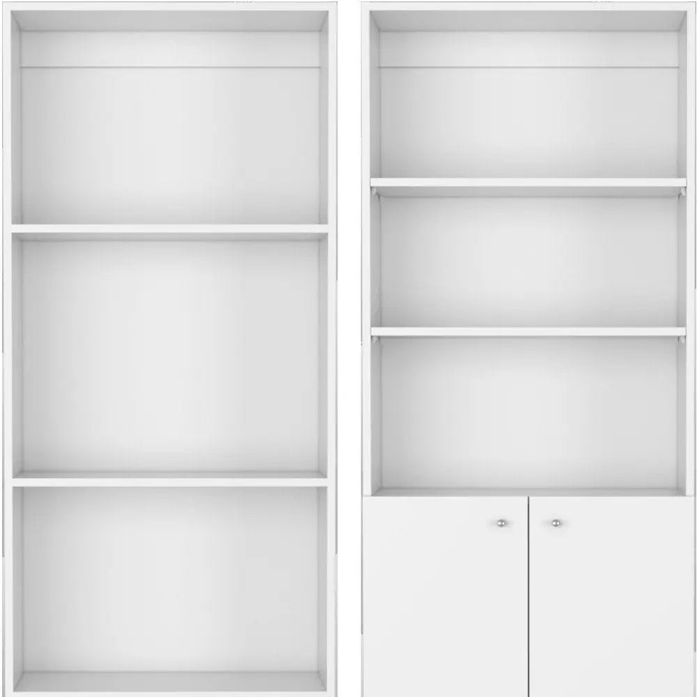 Set of Two White Wood Seven Tier Modular Bookcase with Two Doors - NOBLE HOME INTERIORS