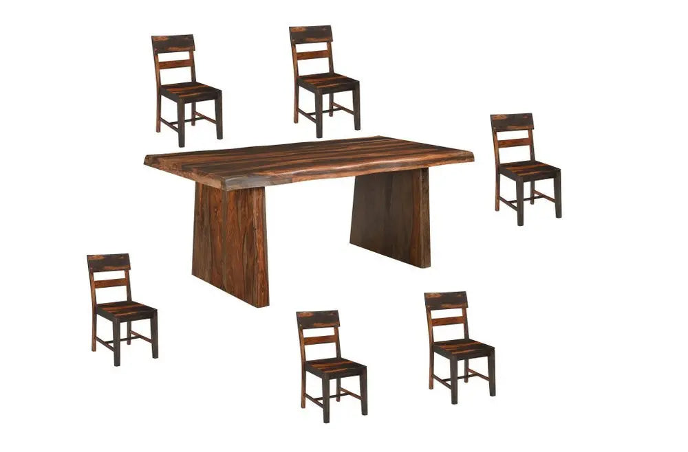 Seven Piece Brown Solid Wood Dining Set with Six Chairs and One Bench - NOVA HOME FURNITURE
