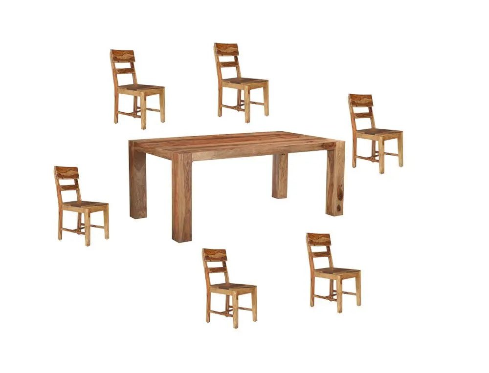 Seven Piece Brown Solid Wood Dining Set with Six Chairs and One Bench - NOBLE HOME INTERIORS